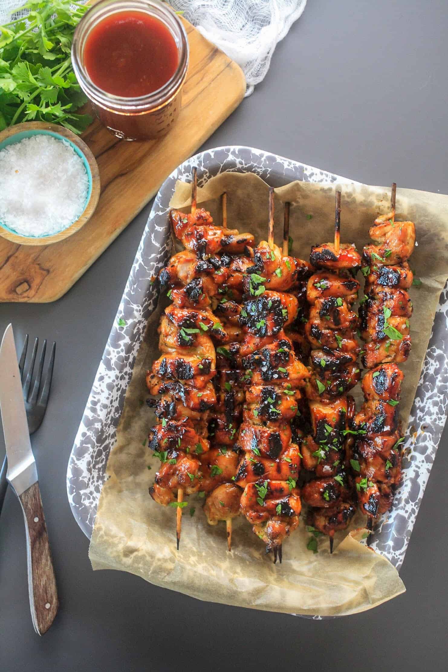 Grilled meat skewers with house sauce