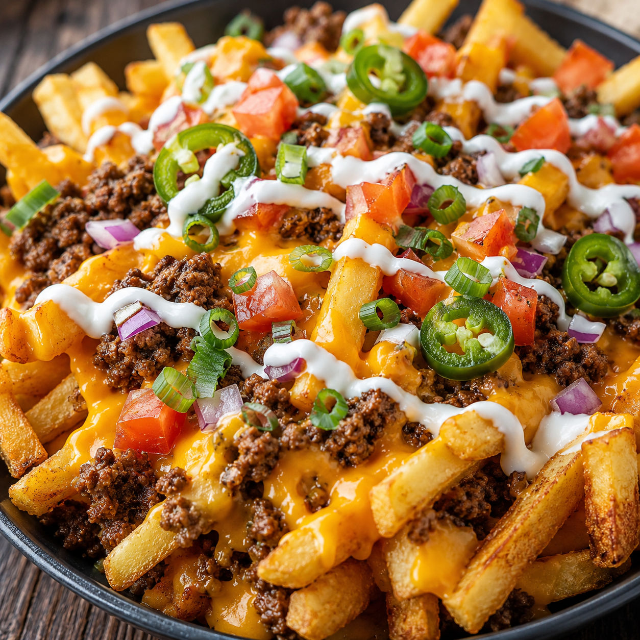 Chimi Bowl loaded with fries, seasoned beef, cheese and sauces